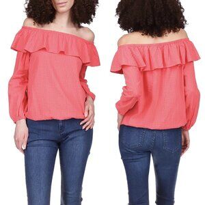 NWT MICHAEL Michael Kors Seersucker Off Shoulder Peasant Top in Sangria Sz. XS